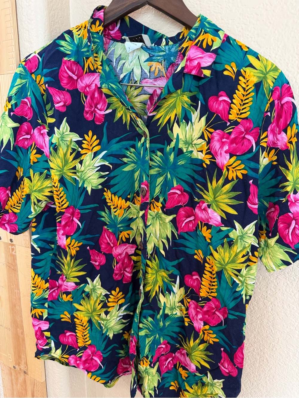 Womens Tropical Floral Button-Up Shirt - Navy with Pink & Green